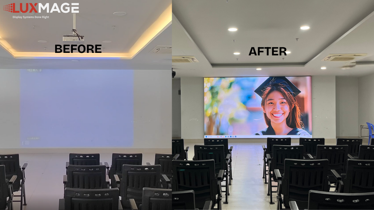 Màn hình LED phòng họp hiển thị rõ ràng khi bật đèn, giải pháp thay thế máy chiếu cho doanh nghiệp hiện đại