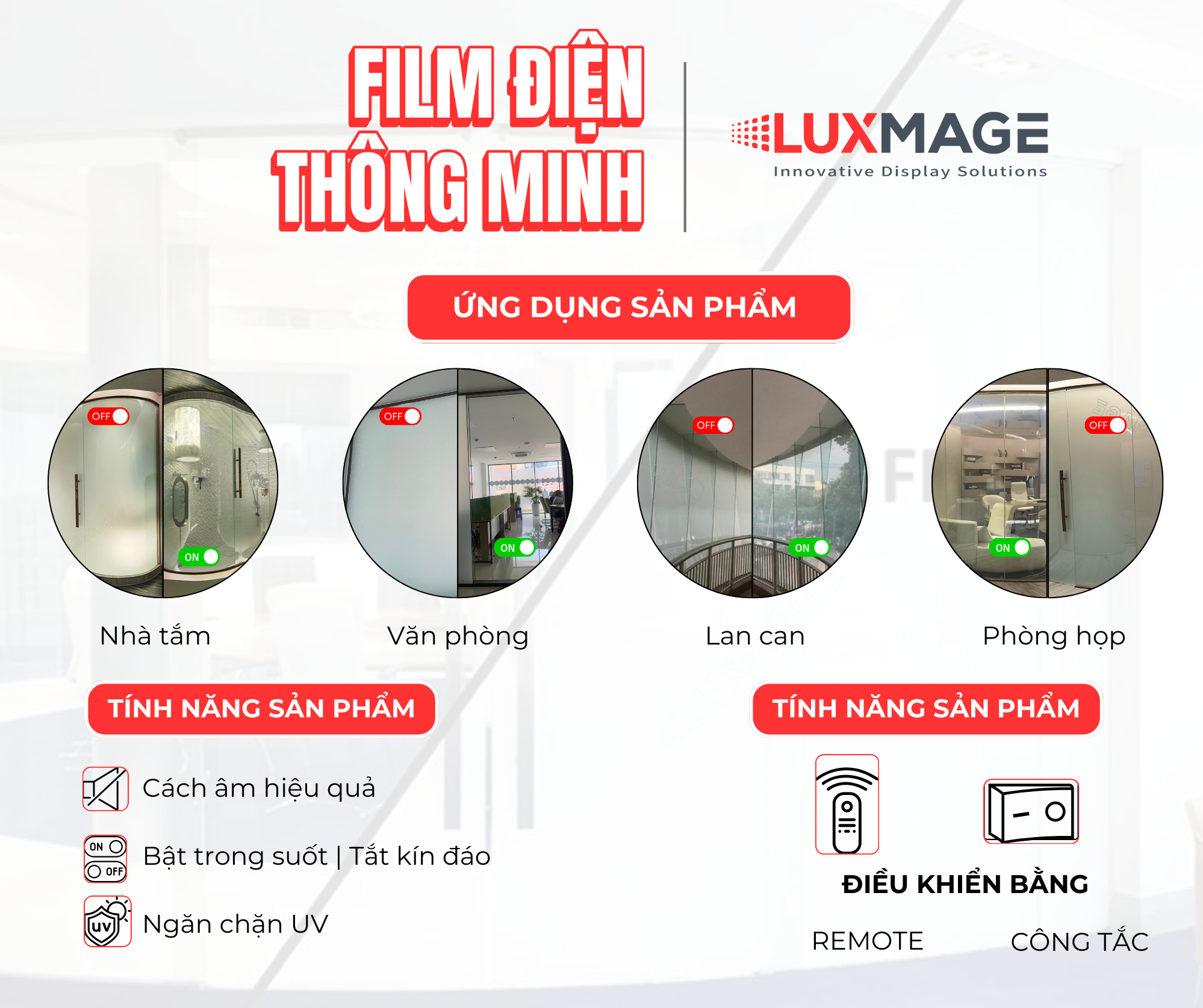 Film điện thông minh tối ưu không gian, tiết kiệm năng lượng, linh hoạt chuyển đổi giữa trong suốt và mờ, nâng cao tiện ích và thẩm mỹ.