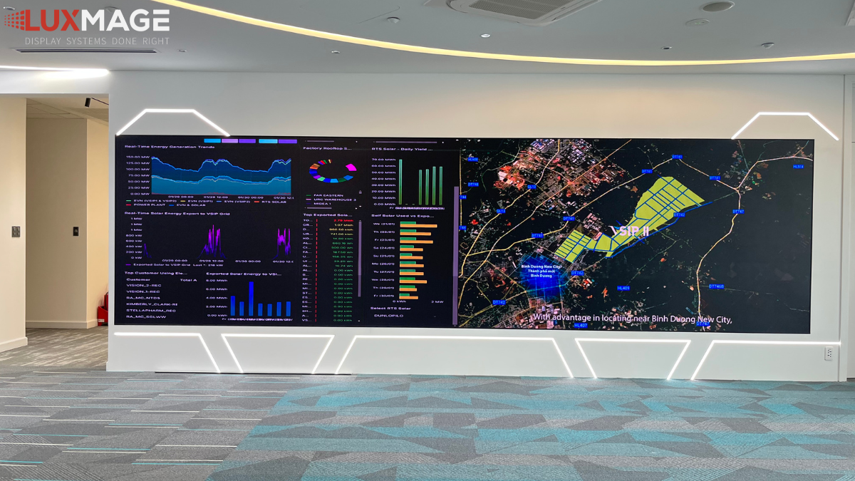 Tổng quan không gian lắp đặt màn hình LED trung tâm điều hành liền mạch không viền do Luxmage thực hiện