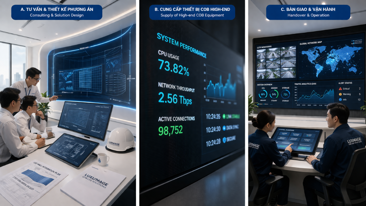 Giao diện quản lý dữ liệu đa nhiệm trên màn hình LED trung tâm điều hành do Luxmage triển khai