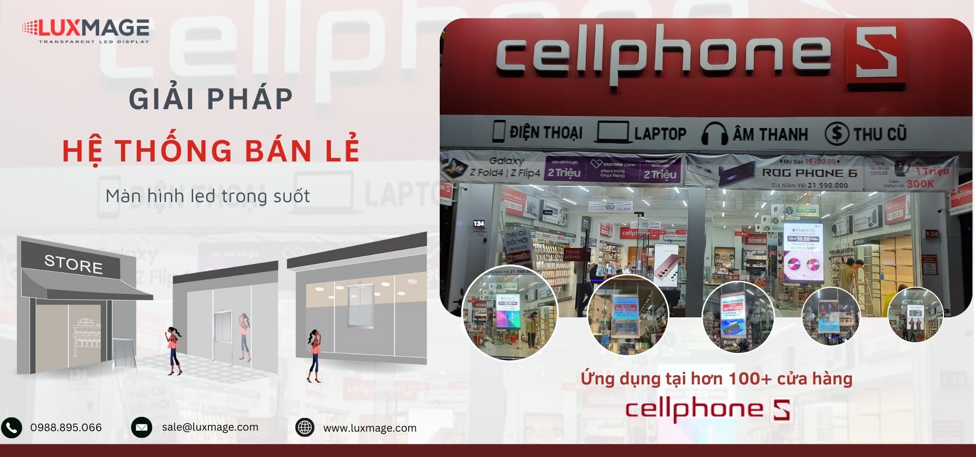 Màn hình LED poster trong suốt Luxmage lắp tại mặt tiền cửa hàng bán lẻ