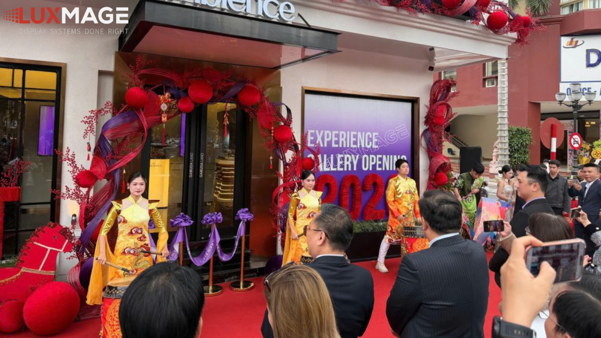 Màn hình LED trong suốt P3.9 với độ sáng cao hiển thị nội dung rõ nét dưới ánh sáng mặt trời, thu hút khách hàng từ xa hiệu quả.