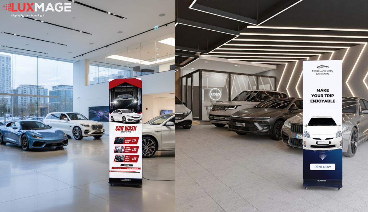 Màn hình LED chân đứng P1.86 hiển thị nội dung quảng cáo trong nhà