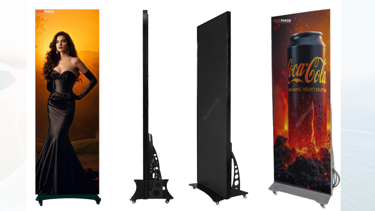 màn hình LED kỹ thuật số độ nét cao, được thiết kế dưới dạng một tấm poster đứng độc lập, siêu mỏng và thanh lịch.