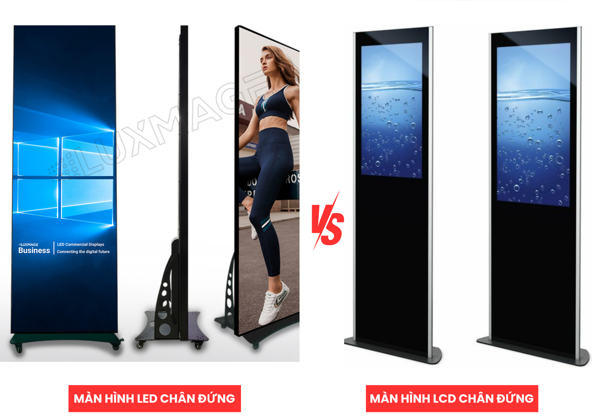 Tìm hiểu sự khác biệt giữa màn hình LED chân đứng Luxmage và màn hình LCD chân đứng