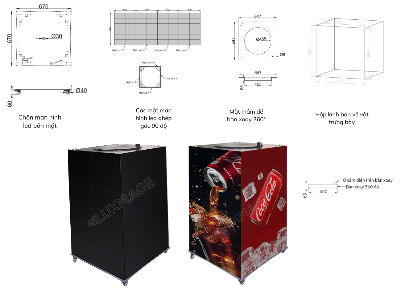 Tủ Trưng Bày Màn Hình LED 4 Mặt Thông Minh